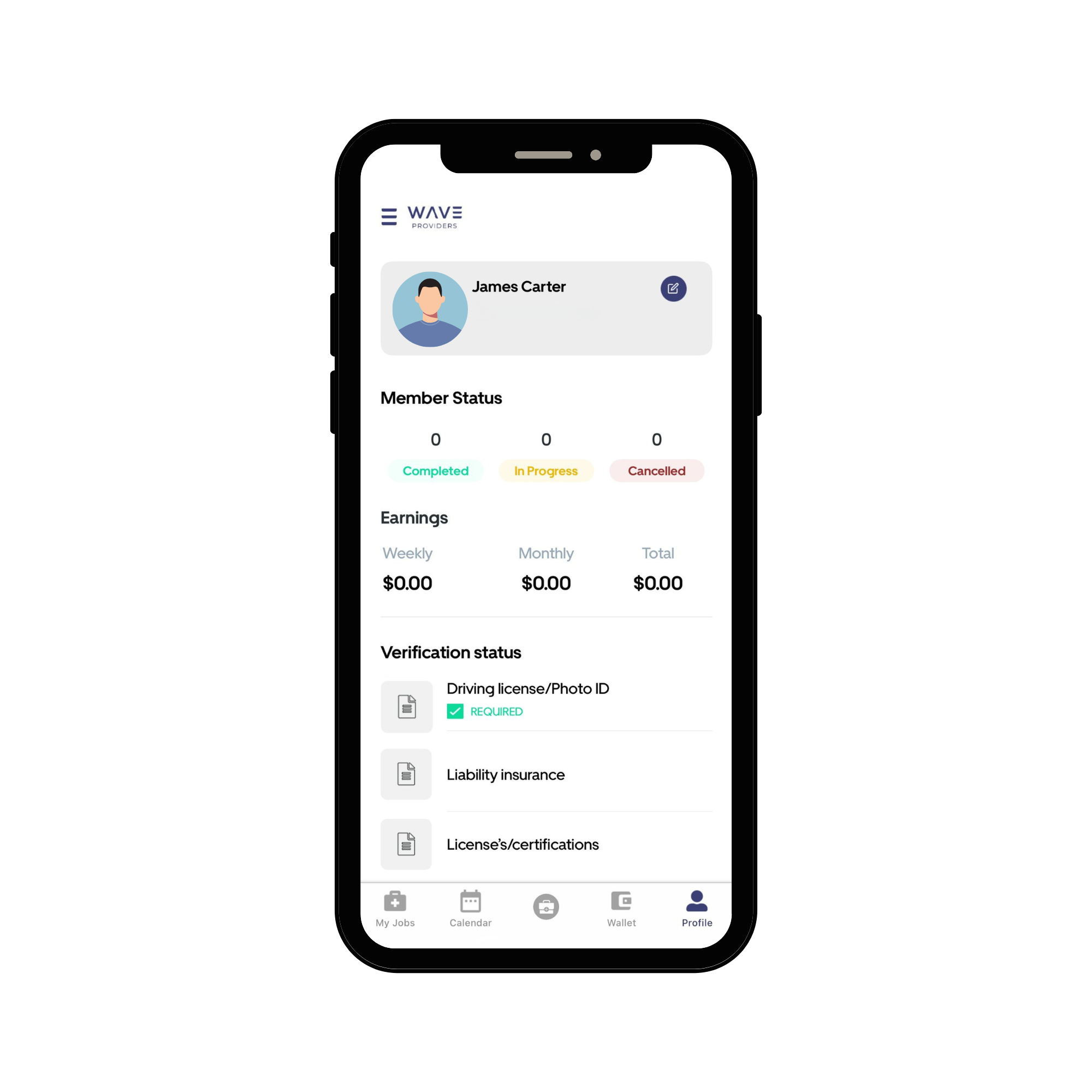 Wave provider app account screen with verification and earnings